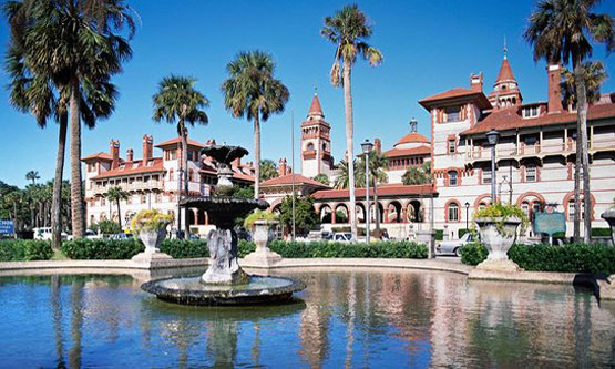 View of Flagler College from Lightner Complex fountain