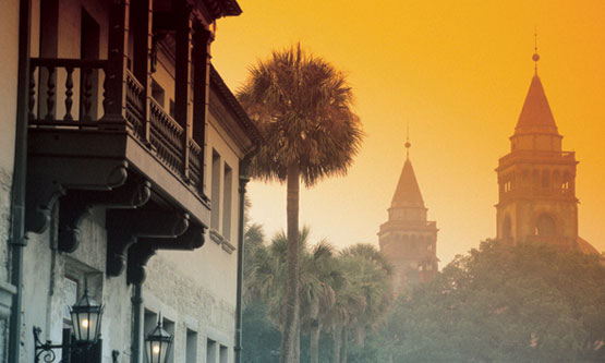 Fog reveals the Government House and one of Flagler College's towers