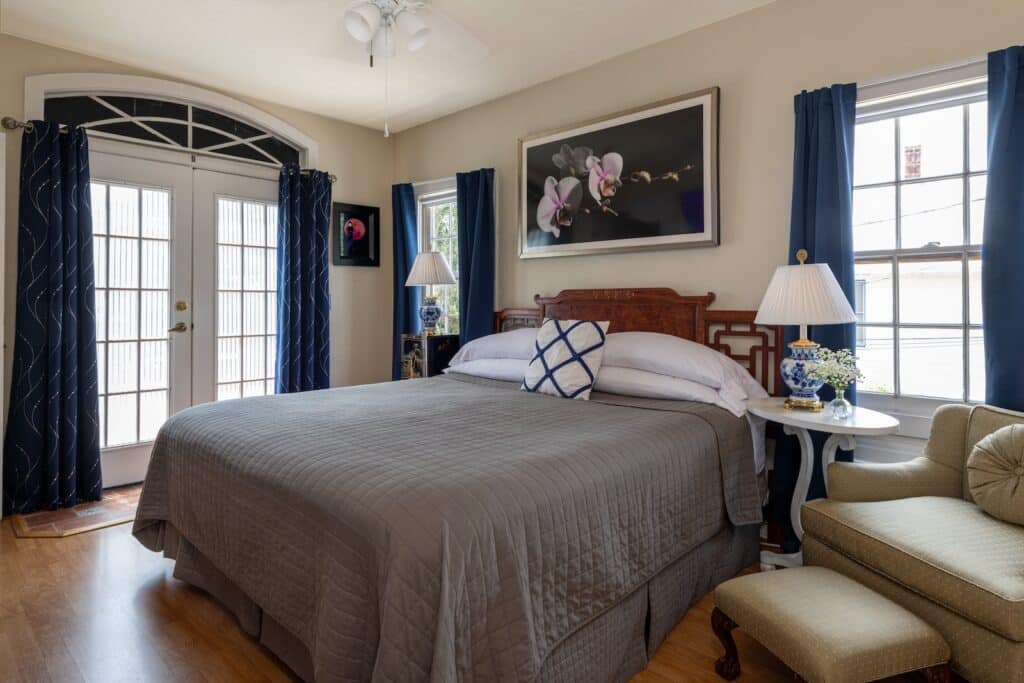 Stay at the best St. Augustine Bed and Breakfast and enjoy a spacious suite with a king sized bed, gorgeous french doors to the balcony, and a sitting area.