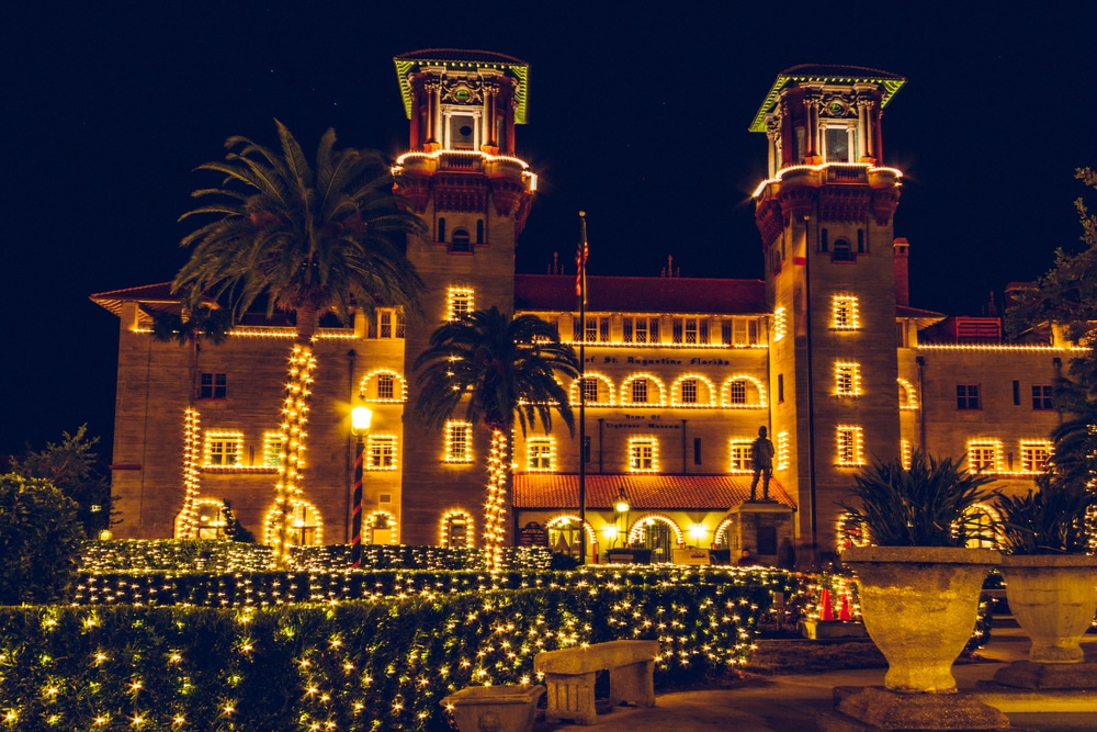 Building lit up for the holidays during the St. Augustine Night of Lights