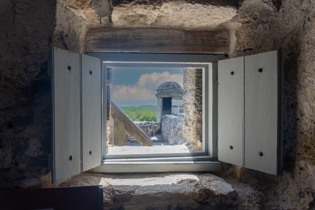 Fort Matanzas has a long history of protecting St. Augustine. View from soldiers' quarters of Garita sentry box.